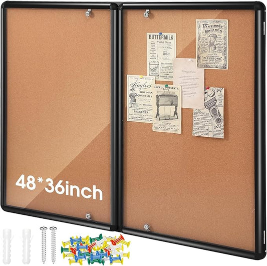 Enclosed Bulletin Board 48" x 36" Weather Resistant Lockable Notice Cork Display Board Wall Mounted 2 Locking Door for School Classroom Commercial Back to School, 12 x A4(Brown, Black Frame)-DeskLoop Office