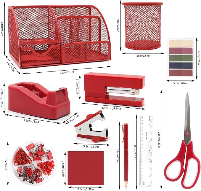 12 in 1 Red Desk Organizers and Accessories, Office Supplies Set Gifts - Image 5