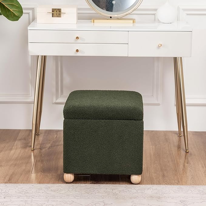 Adeco 17 Inch Soft Dark Green Cube Ottoman Storage, Teddy Velvet Chair Foot Stools, Upholstered Vanity Stool with Hinged Lid, Solid Round Wood Legs-DeskLoop Office