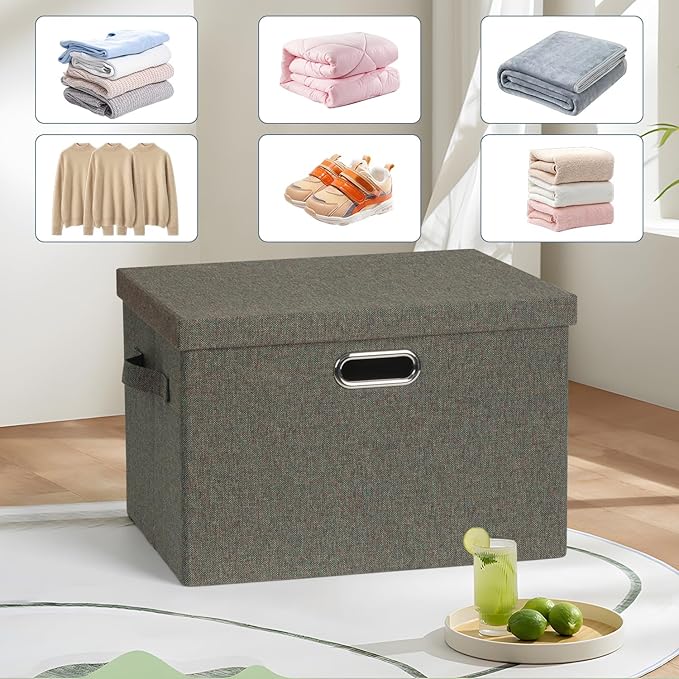 Large 17" 36 Quart Collapsible Stackable Storage Bins with Lids, 3 Packs Dark green Foldable Fabric Closet Storage Boxes with Lids, Heavy-duty Linen Cube Baskets(17x12x11)-DeskLoop Office