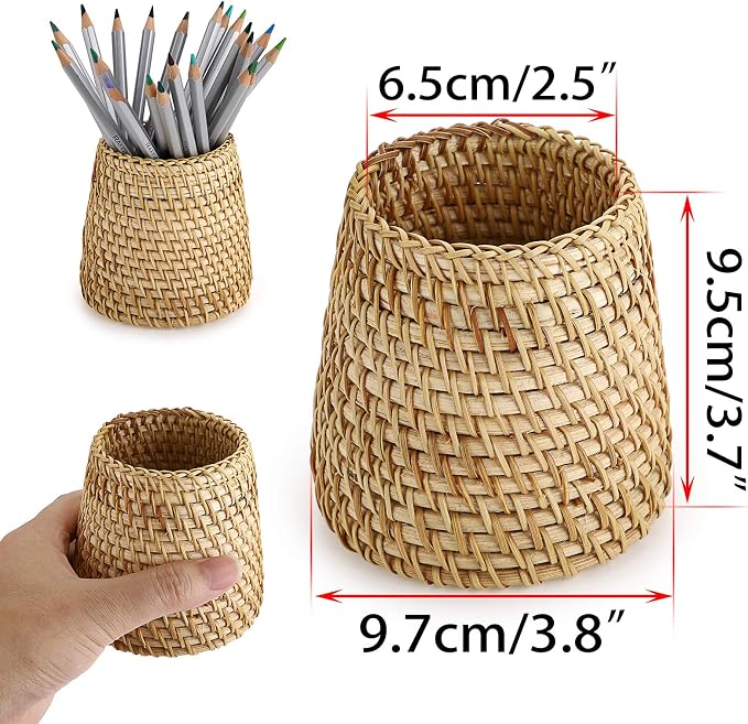 BTSKY Rattan Pen Cup, Handmade Desk Pencil Holders Makeup Brush Holder - Image 4