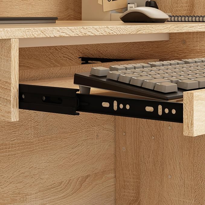 ECACAD Oak & White Reception Desk with Keyboard Tray, Retail Counter with Cabinet, Checkout Counter Table for Office Clinic Retail Lobby Salon-DeskLoop Office