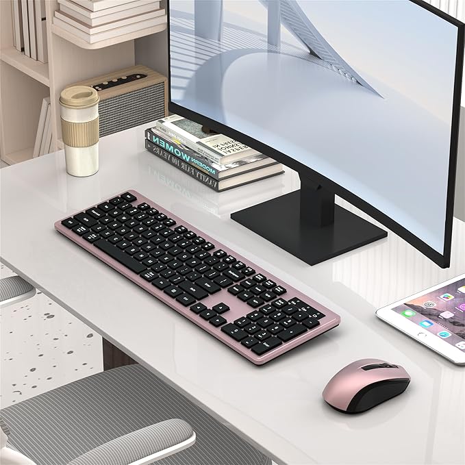 Wireless Keyboard and Mouse Combo, COVEVA 2.4GHz Wireless Keyboard Mouse with USB Receiver, Water-Dropping Keycaps, 104 Keys Full Size with Number Pad for PC Laptop Computer Desktop(Black Pink)-DeskLoop Office