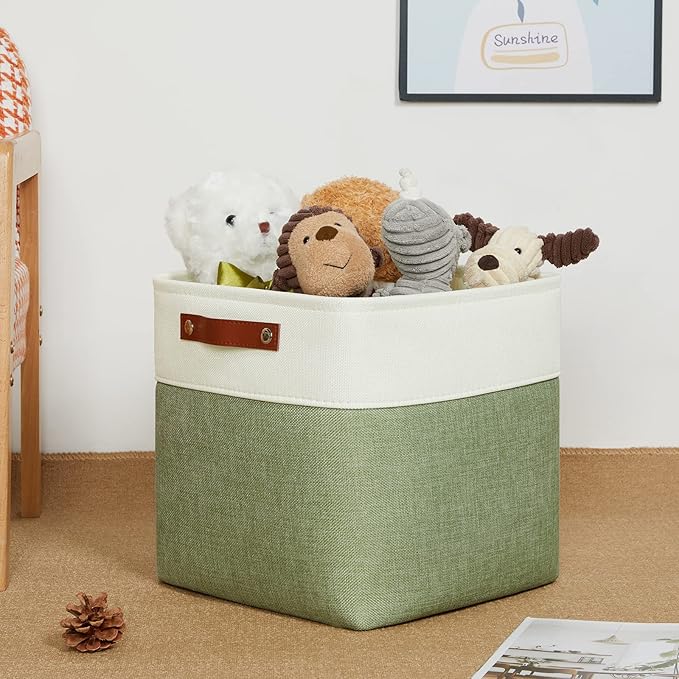 DULLEMELO Storage Basket, Linen Closet Organizers and Storage Baskets for Home Office, Suitable as Dog Toy Box, Baby Gift Basket, 4 Pieces 12x12 Decorative Cube Storage Bins(4 Pack - 12" White&Green)-DeskLoop Office
