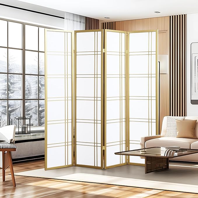 NicBex Room Divider 4 Panel Room Dividers with Paper-Looking Partition Room Dividers and Folding Privacy Screens Wall Divider for Home, Office, Room Separation,72" W x 1" D x 70" H, White+Gold-DeskLoop Office