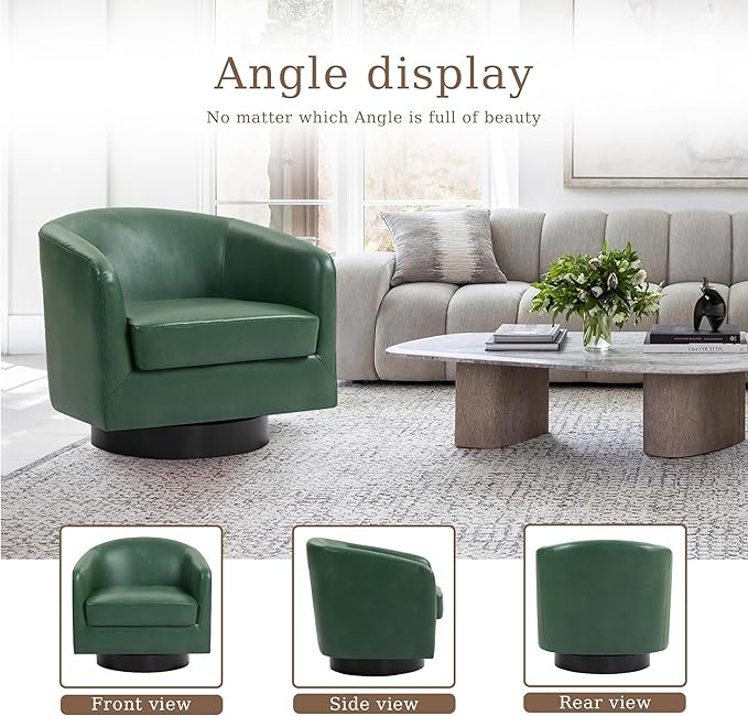 UIXE Faux Leather Swivel Accent Chair with Wood Base, Modern Upholstered Barrel Chairs for Living Room, Comfy Round Armchair Single Sofa Bedroom Reading Seat - 31" W, Green-DeskLoop Office