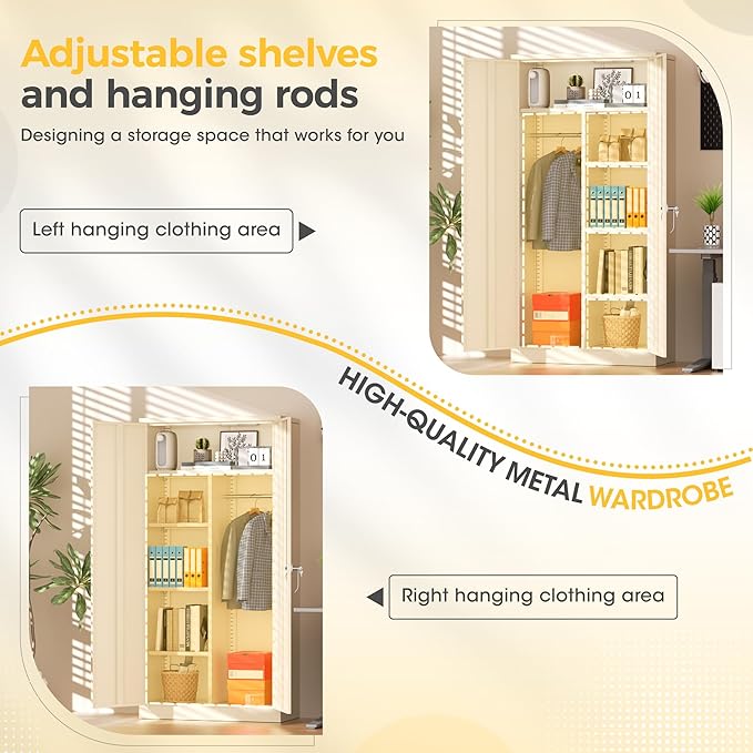Greenvelly Metal Storage Wardrobe Cabinet with Lock, 72" Grey Metal Wardrobe Closet for Hanging Clothes with Doors and Shelves, Modern Clothes Closet for Home, Office and Bedroom, School,Gym-DeskLoop Office