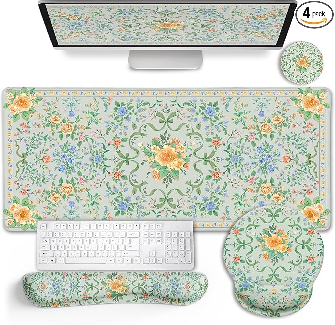 LIMKRIAN Floral Desk Mat Set, Cute Green Mouse Pad by LIMKRIAN