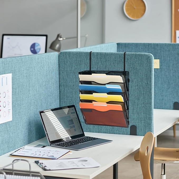 EASEPRES 5 Pocket Mesh Hanging Wall File Organizer with Hangers & Nametag Label, Wall Mounted Mail Paper Document Folder Holder, Clipboard Storage Organization Magazine Rack for Office Cubicle, Black-DeskLoop Office