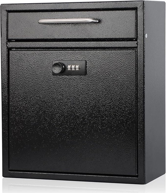 KYODOLED Steel Combination Lock Mail Boxes Outdoor,Locking Wall Mount Mailbox,Security Key Drop Box,12H x 10.51L x 4.68W Inches,Black Large-DeskLoop Office