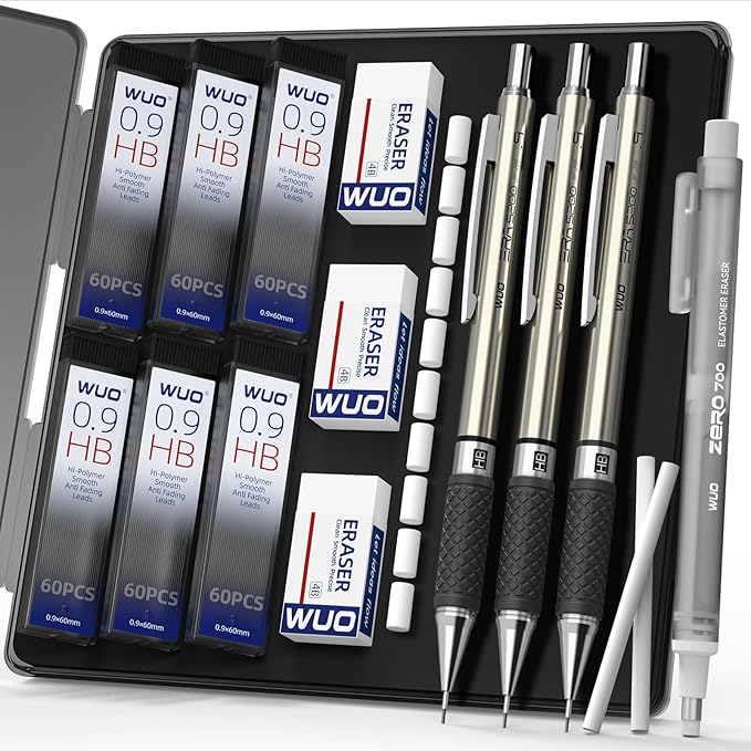 WUO 0.9mm Mechanical Pencil Set, 1 Eraser Pen, 12 Eraser Refills, Storage Case by WUO
