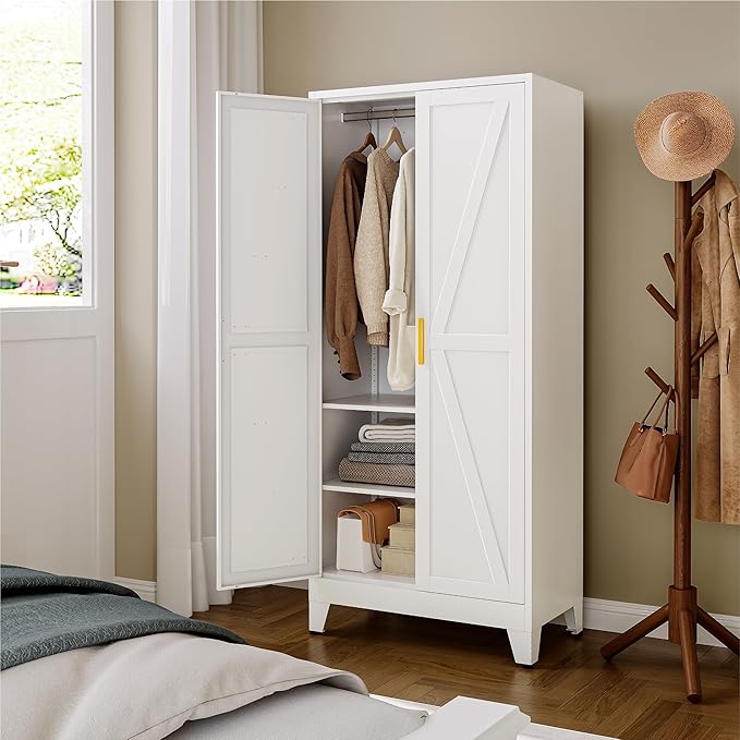 Farmhouse Wardrobe Cabinet,Metal Wardrobe Closet with Hanging Rod,Metal Armoire with Adjustable Shelves for Bedroom,Living Room, Cloak Room,Office (White)-DeskLoop Office
