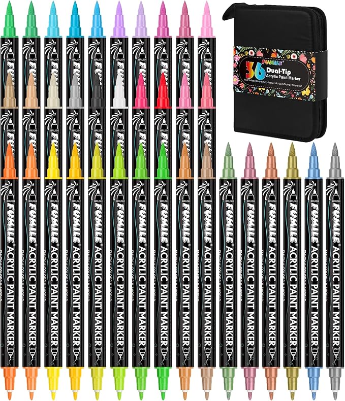 FUMILE 36 Colors Acrylic Paint Markers Dual Tip(Fine and Brush Tip), Acrylic Paint Pens paint Marker for Wood, Rock, Plastic, Glass, Ceramic, Canvas.Acrylic Markers Set for DIY Crafts and Art.-DeskLoop Office
