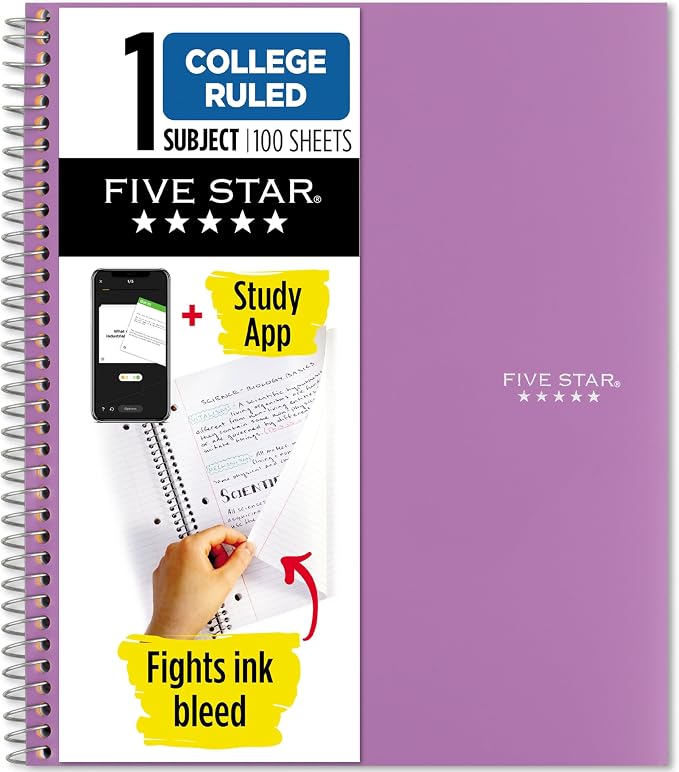 Five Star Spiral Notebook + Study App, 1 Subject, College Ruled Paper, 8-1/2" x by FiveStar