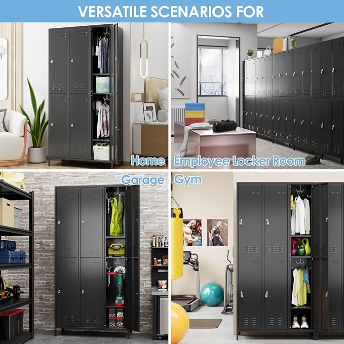 6 Doors Metal Locker for Employees with 18 Hooks and Business Card Holder,Metal Locker with Ventilation Holes for School Garage Office Gym Home,Assembly Required,Black-DeskLoop Office