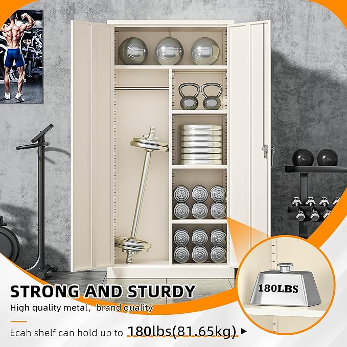 INTERGREAT Metal Storage Cabinet with Lock,72 Tall Armoire Wardrobe Closet with Doors,Cream Grey Storage Closet Cabinet with Adjustable Shelves and Removable Hanging Rods-DeskLoop Office