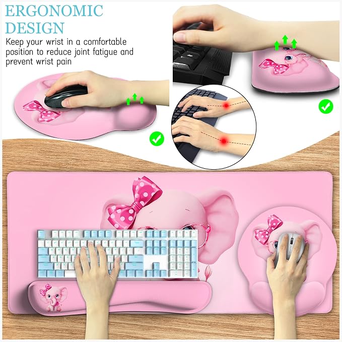 LIMKRIAN Elephant Mouse Pad Desk Mat Set, Kawaii Gaming Ergonomic Mouse Pad - Image 4