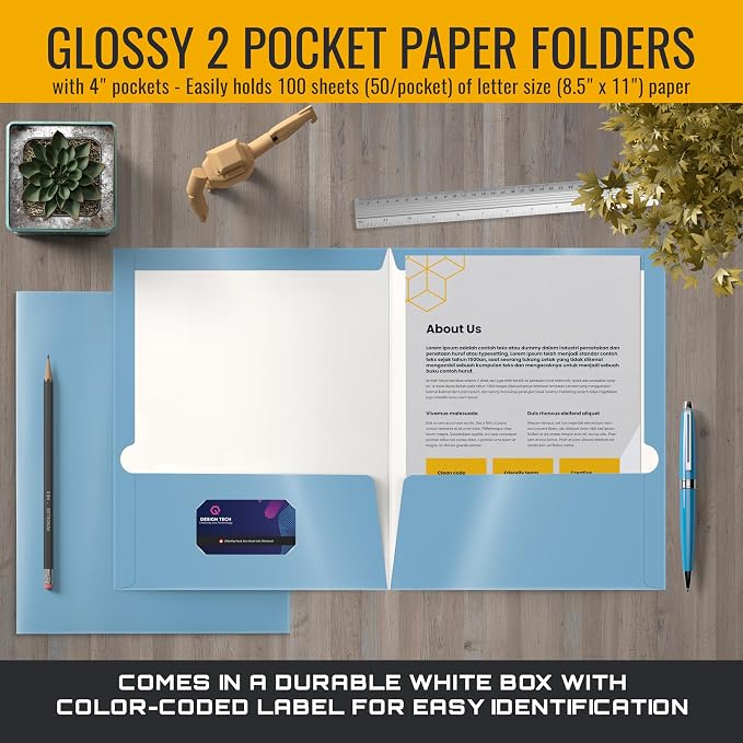 Better Office Products 2 Pocket Glossy Laminated Light Blue Paper Folders - Image 4