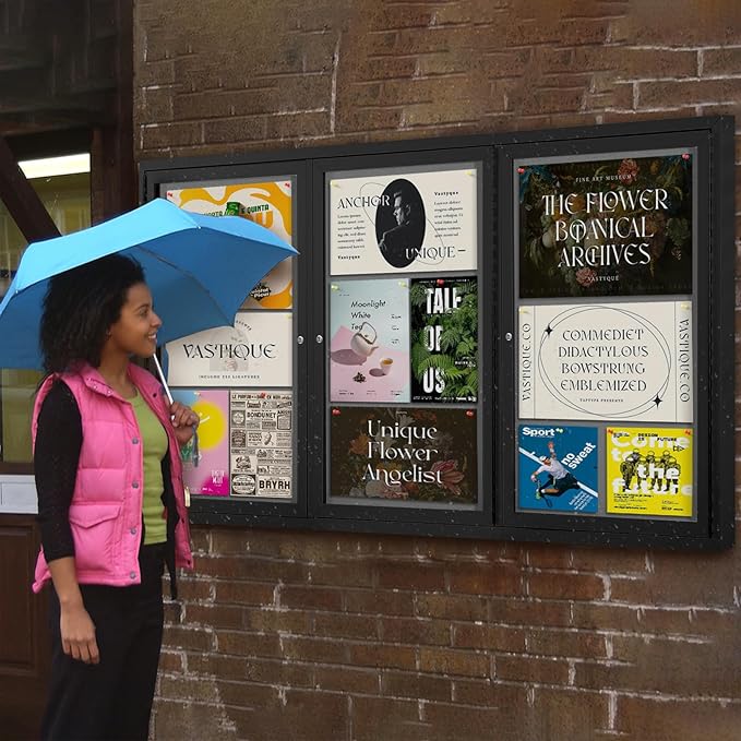 SWANCROWN Outdoor Bulletin Board 70x36in, Enclosed Bulletin Board with Locking Door for Office School Commerce, Grey Felt, Black Aluminum Frame-DeskLoop Office