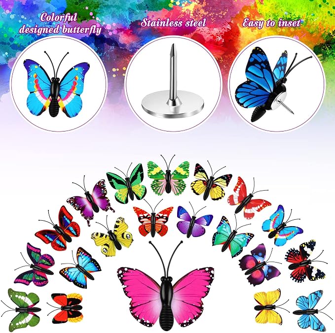 Epakh 60 Packs Butterfly Thumb Tacks Butterfly Push Pins Decorative Thumb Tacks - Image 3