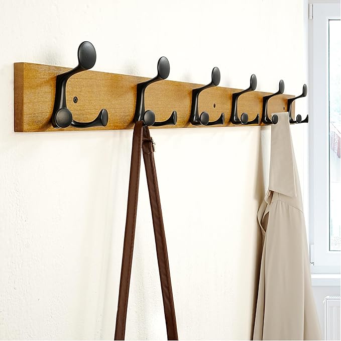 SKOLOO 39-Inch Light Brown Wood Coat Rack Wall Mount with 6 Triple Hooks - Ideal for Family Entrances, Classrooms, and Pet Supplies Storage - Perfect Coat Hooks for Wall-DeskLoop Office