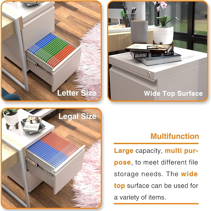 Aobabo Metal 2 Drawer Office File Cabinet with Lock, Under Desk Office Steel Files Cabinet on Wheels, 25.6''H Legal/Letter A4 Size, Fully Assembled Except Wheels,White-DeskLoop Office