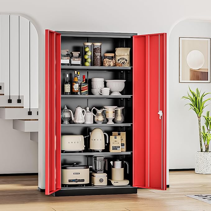 INTERGREAT Metal Lockable Storage Cabinet, 72” H Storage Cabinet with 2 Doors and 4 Adjustable Shelves for Office, Home, Garage, Pantry (Assembly Required, 18”D, Black Red)-DeskLoop Office