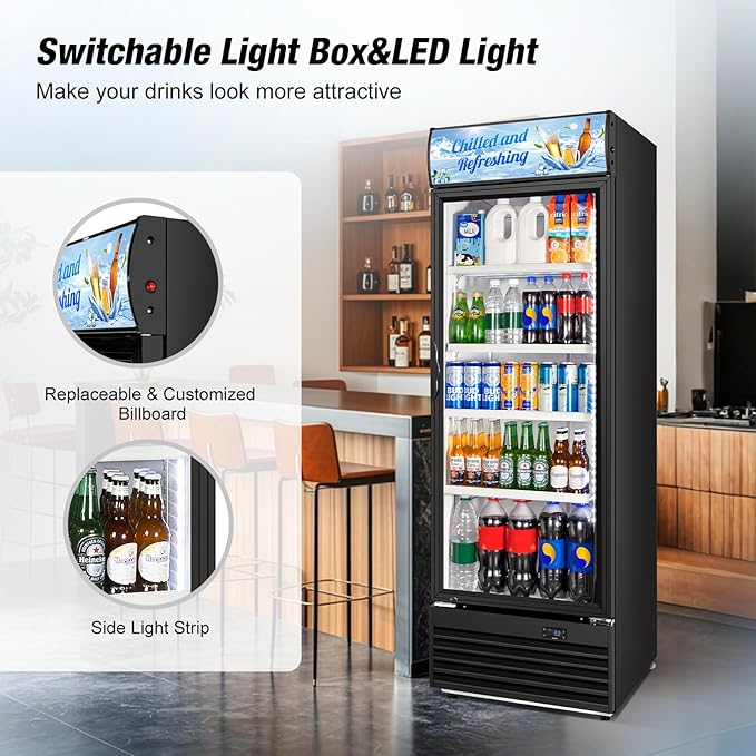 Commercial Beverage Refrigerator, 24 Inch Beverage Fridge, 15 Cu. Ft. Drink Fridge, Display Refrigerator Glass Door, Commercial Display Fridge with Customizable Light Box for Shops, Restaurants, Bars-DeskLoop Office