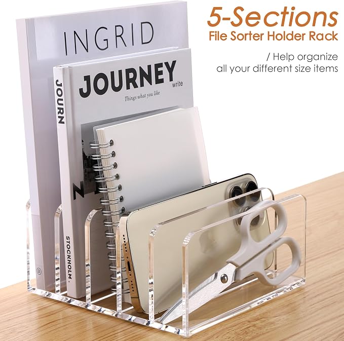 SANRUI Acrylic Desk Organizer, 5 Compartments Mail Organizer, Small File - Image 2