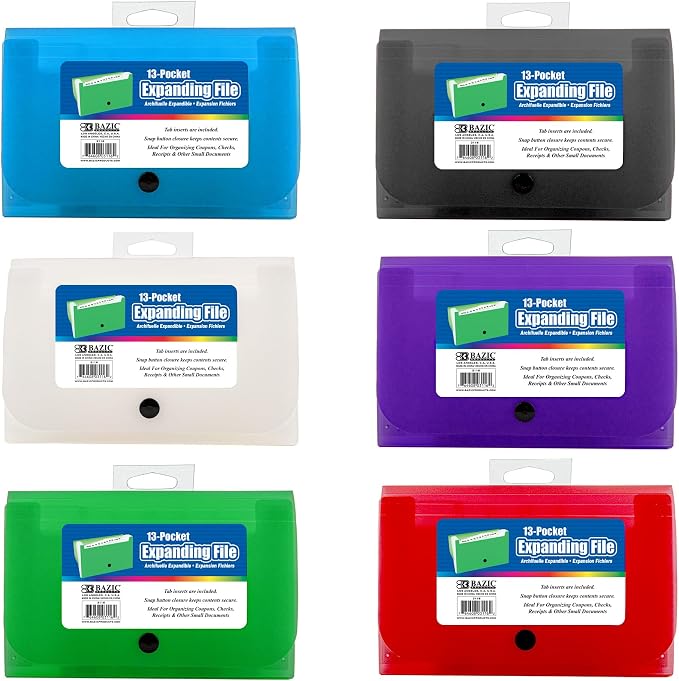 BAZIC 5-Pockets Coupon/Personal Check Size Expanding File | Assorted 13-pocket by BAZICProducts