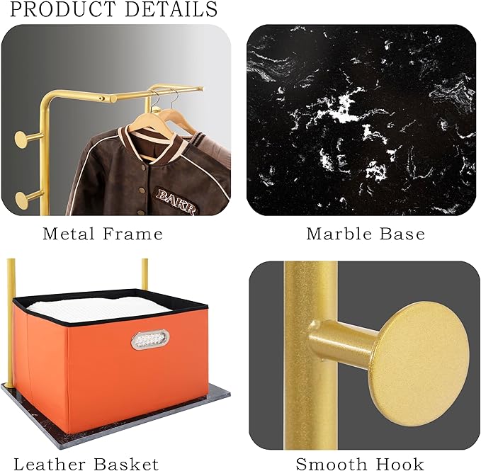 Heavy Duty Coat Rack with Storage Basket Metal Hanging Clothes Rack with Marble Base Modern Standing Clothing Rack for Entryway Bedroom Living Room Hotel 19.69 x 13.39 x 67.72 Inches (Gold)-DeskLoop Office