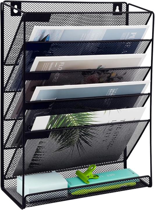 EASEPRES 6 Tier Mesh Hanging Wall File Organizer, Desk Mail Paper Document Folder Holder, Clipboard Storage Organization Magazine Rack with Bottom Tray and Nametag Label for Office Home School, Black-DeskLoop Office