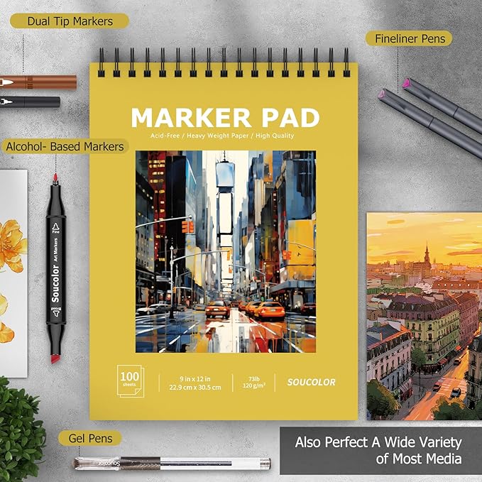 Soucolor 100 Sheets Marker Paper Pad, 9"x12" Bleedproof Art Sketch Pad, 73lb/120gsm Drawing Paper Spiral Sketch Book, Alcohol Marker Paper Painting Coloring Paper for Beginners, Artists, Kids-DeskLoop Office