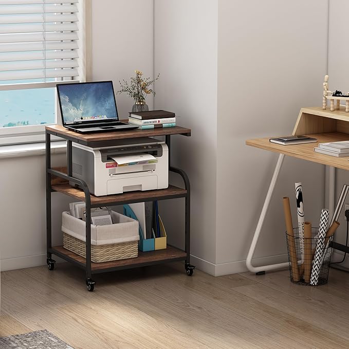 Large Printer Stand with Adjustable Storage Shelf, 3 Tier Printer Cart with Wheels for Home Office Organization, Rolling Table Stand for Heat Press Mini Fridge, Industrial Style-DeskLoop Office