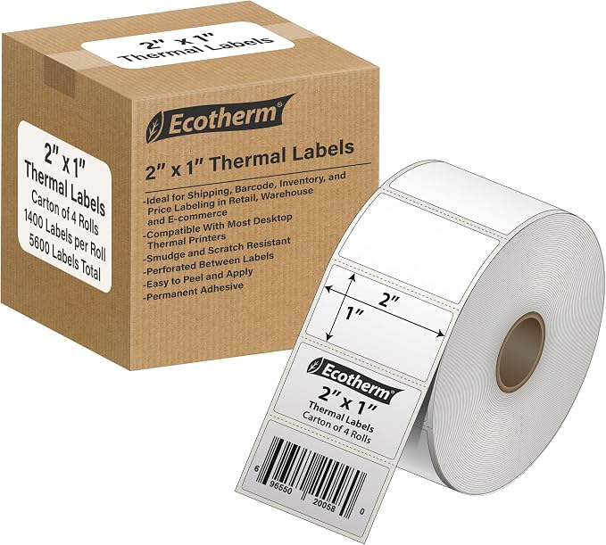 2"x1" Thermal Labels for Rollo, Offnova Printers and More by EcothermProducts