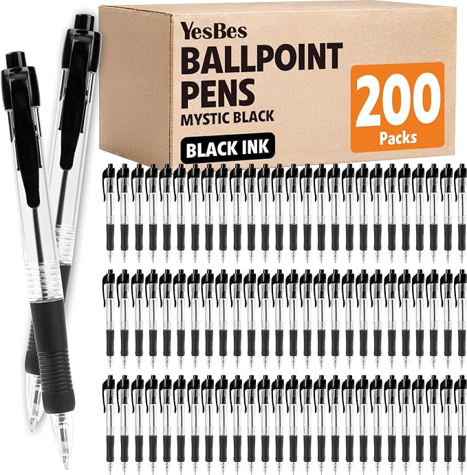 200 Pack Ballpoint Pens Bulk, Retractable Black Pens Ballpoint Medium Point 1mm by YesBes
