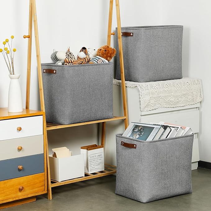 DULLEMELO Large Storage Baskets for Blankets Living Room 51L Canvas Storage Baskets for Organizing 3 Pack Collapsible Baskets Bins for Organizing Home Office with Handles (Grey)-DeskLoop Office