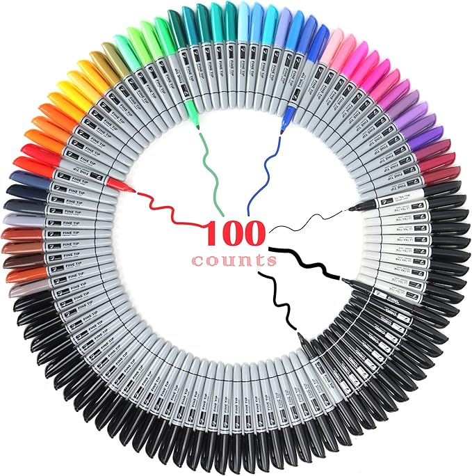100 Permanent Markers Bulk - 50 Assorted Colors + 50 Black Drawing Marker Pens Set, Waterproof Quick Drying Colored Art Markers for Classroom Office School Store Supplies-DeskLoop Office
