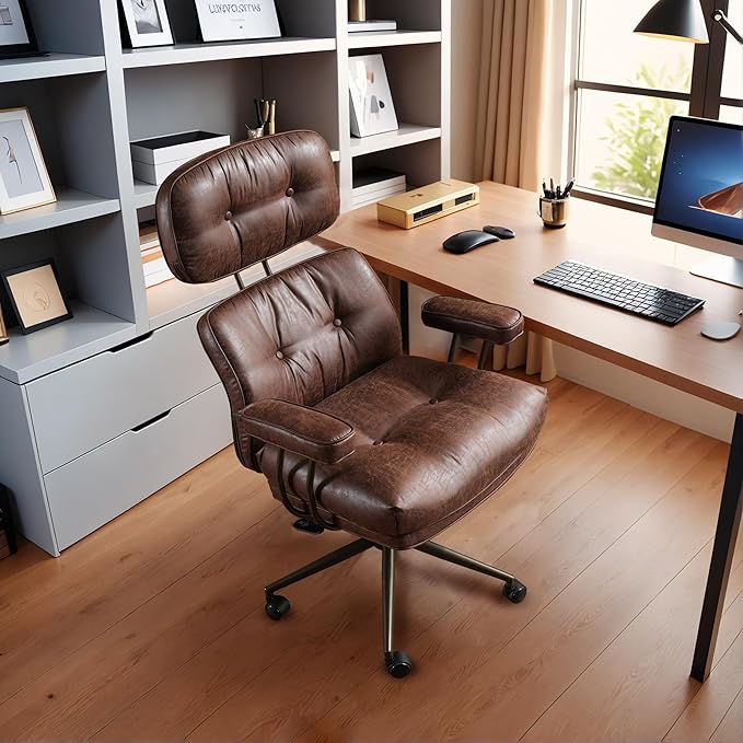 Faux Leather Executive Office Chair - Big and Tall Ergonomic Home Office Chair,Reclining Computer Desk Chair w/Lumbar Support,Adjustable Task Chair Swivel Rolling Chair with Wheels,Dark Brown,Suede-DeskLoop Office