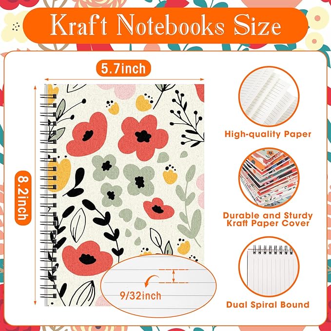 Fuutreo 12 Pcs Spiral Notebook for Work A5 8.3 x 5.7 Inch College Ruled Spiral Journal Notebook Kraft Cover Ruled Paper, 12 Color, 60 Sheets, 120 Pages for Office School(Floral Color)-DeskLoop Office