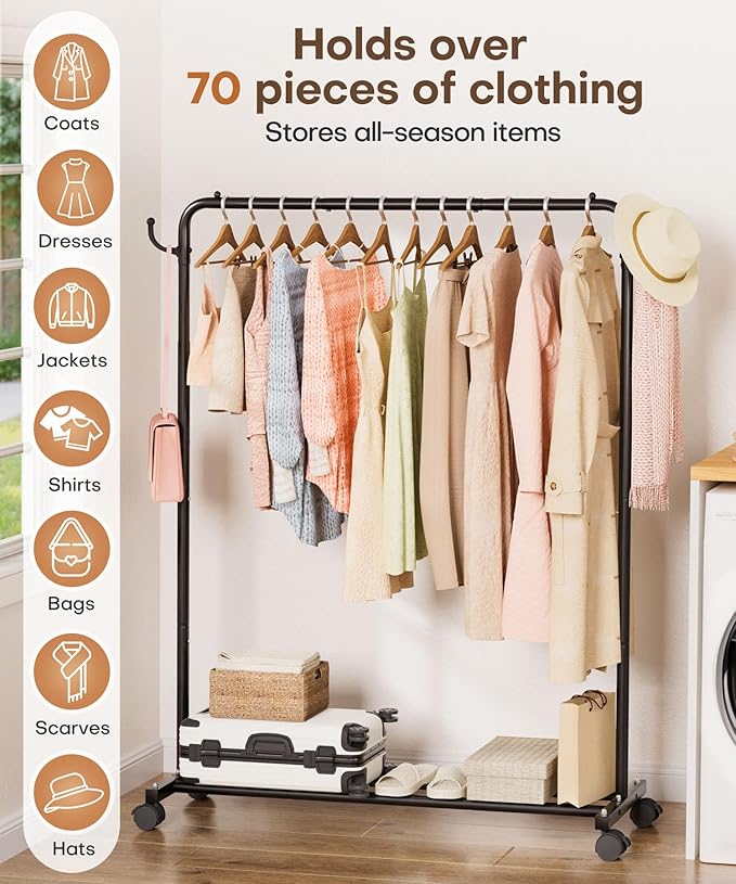 Homde Heavy Duty Clothes Rack: 120lb Standing Garment Storage for Indoor - Rolling Hanging Rod for Bedroom Laundry Room - Coat Dress Organizer on Wheels with luggage shelf (Black，46")-DeskLoop Office