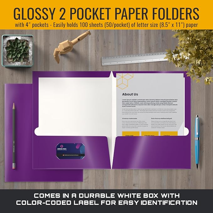 Better Office Products 2 Pocket Glossy Laminated Purple Paper Folders, Letter - Image 4