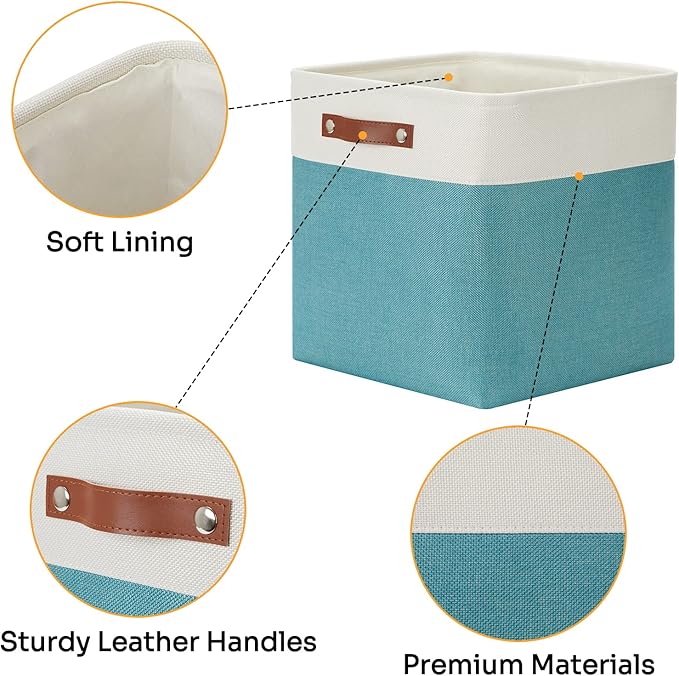 DULLEMELO Storage Bins for Organizing,Closet Storage Baskets for Gift Empty,Large Linen Canvas Storage Bins with Handles for Home Office Toys Shelves(White&Teal, 13 inch Cube)-DeskLoop Office