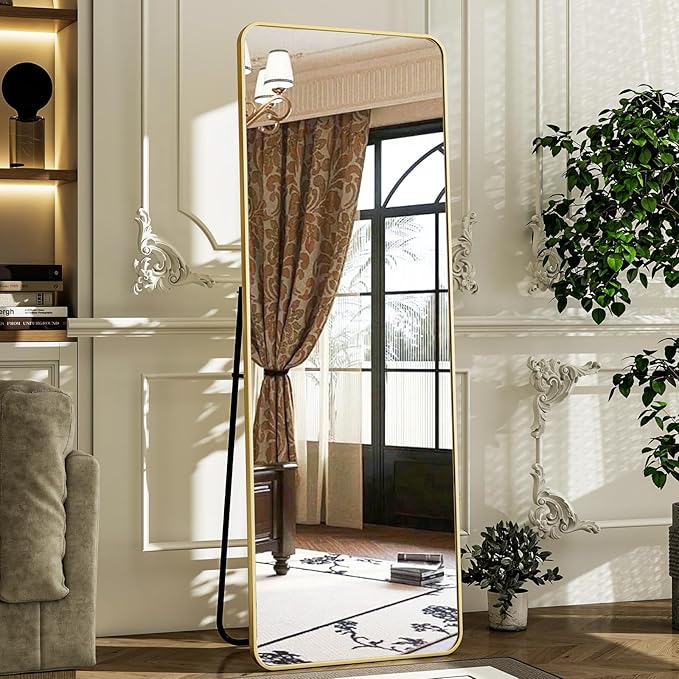 HARRITPURE 56" x 21" Rounded Full Length Mirror Aluminum Frame Gold Mirror Full Length Floor Mirror with Stand for Living Room Bedroom Cloakroom-DeskLoop Office