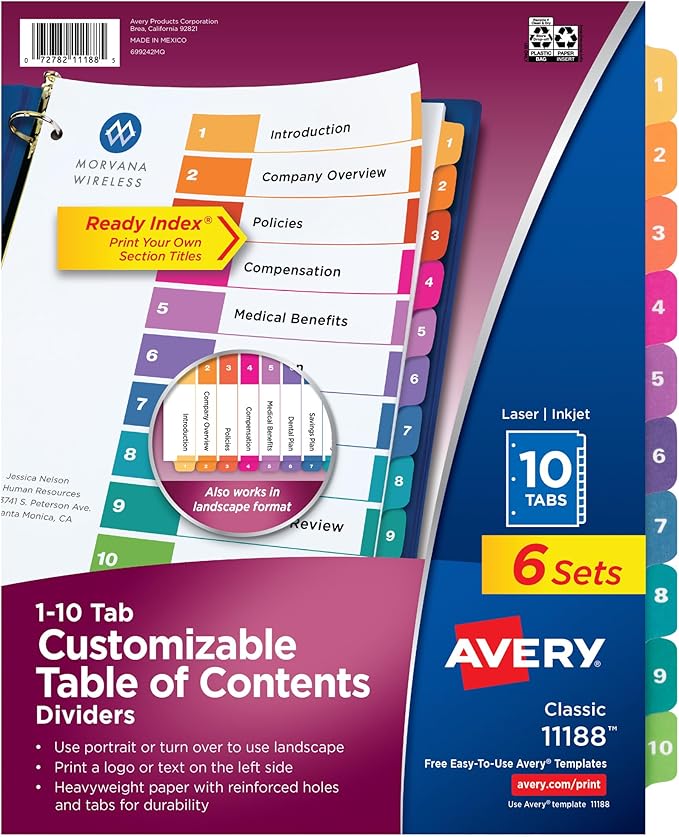 Avery 10 Tab Dividers for 3 Ring Binders, Customizable Table of Contents by Avery