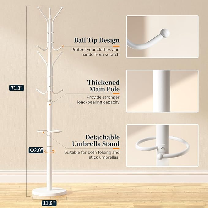 Yoobure Metal Coat Rack Freestanding with Marble Base, Coat Tree with 12 Hooks & Umbrella Holder, Coat Hanger Stand for Corner Entryway Bedroom Office, Heavy Duty Coat Rack Stand for Clothes Hats Bags-DeskLoop Office
