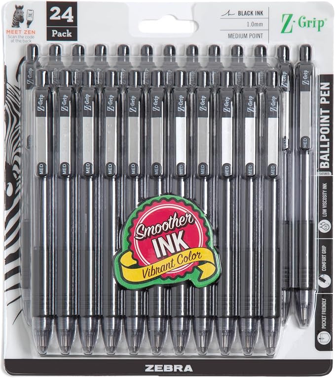 Zebra Pen Z-Grip Retractable Ballpoint Pen, Smooth-Flowing Black Ink, 1.0mm by ZebraPen