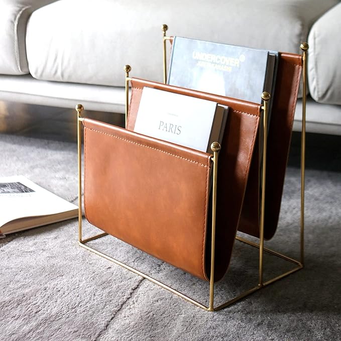 Plated Metal Wire and Leatherette Magazine Holder Rack, 2-Slot Standing Rack for Magazines, Books, Newspapers, Home Staging Decoration-DeskLoop Office