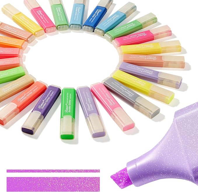 24 Glitter Highlighters, Metallic Chisel Tip Marker Pens | Pastel & Fluorescent by Bonace