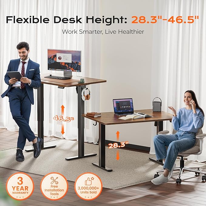 Huuger 48 x 28 Large Electric Standing Desk, Height Adjustable Desk, 27.6" Deep Desktop, Stand up Gaming, 2 Hooks, 3 Preset Heights, for Home Office, Rustic Brown-DeskLoop Office